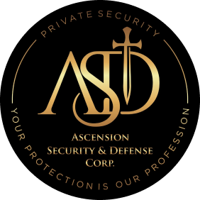 Gold security logo with sword and text.